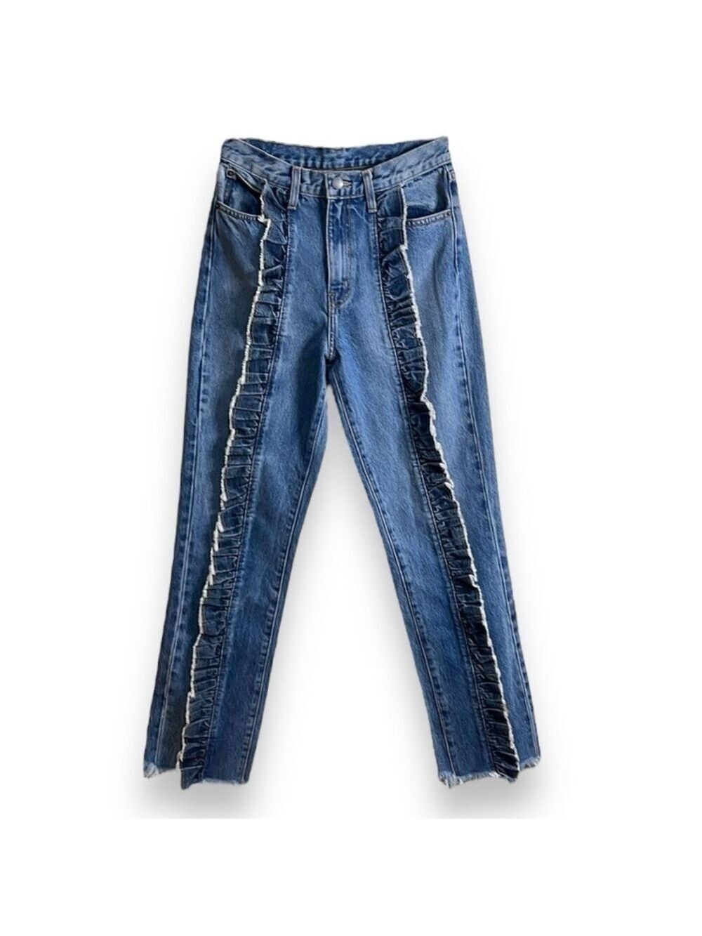 Carmar Ursula Ruffle Front High Rise Jeans Frayed Hem Straight Leg, Size 26